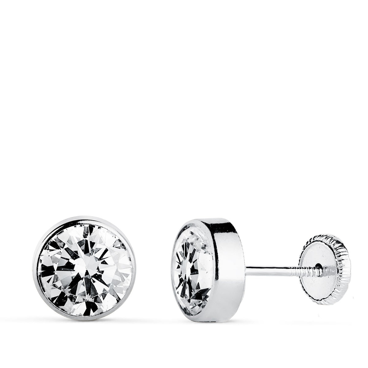 Clous d'oreilles oxyde de zirconium rond – Or 18 carats – 7 mm / Or blanc / Vis