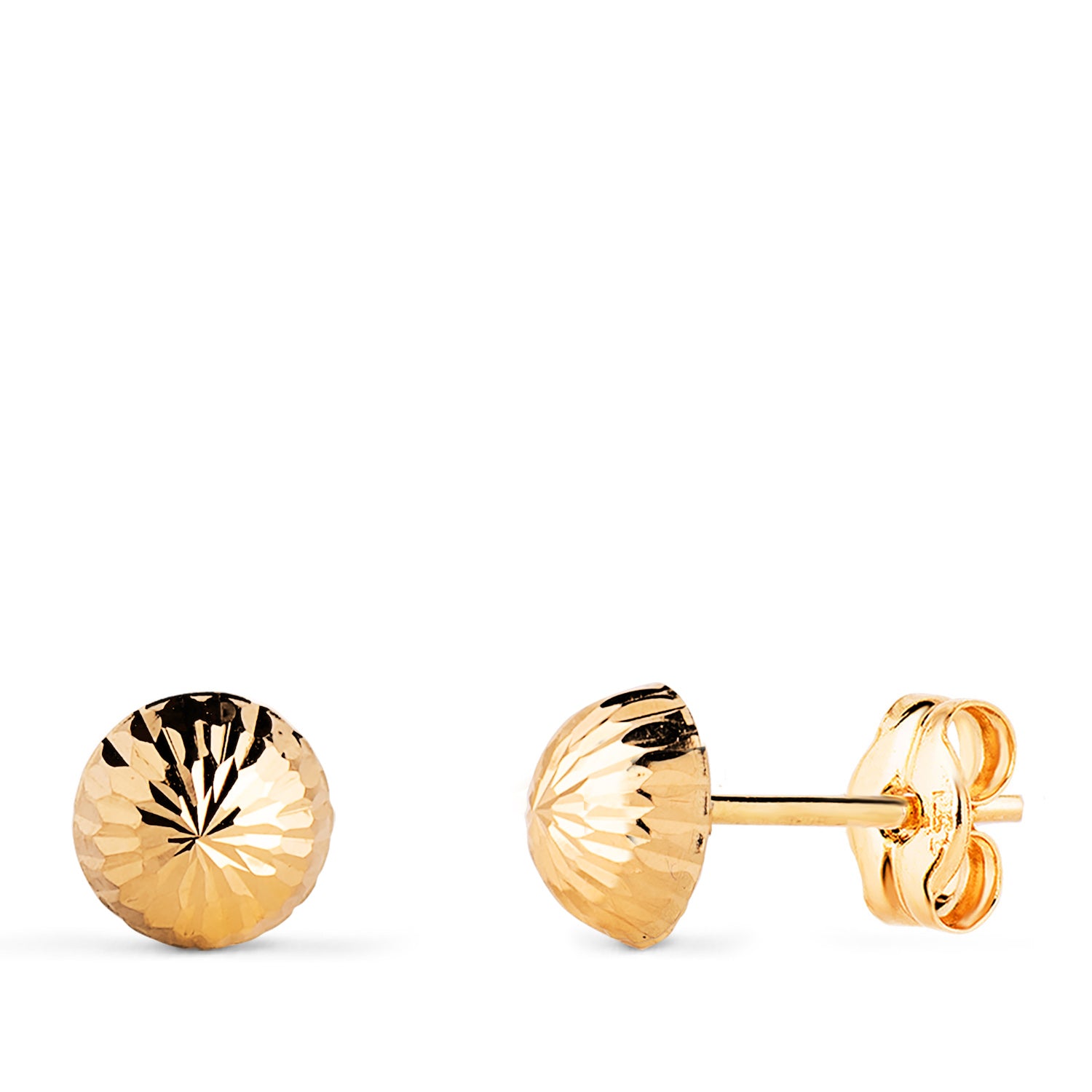18 K gul guld skulpturelle halv hule kugleøreringe. Bredde: 6 mm trykknapper