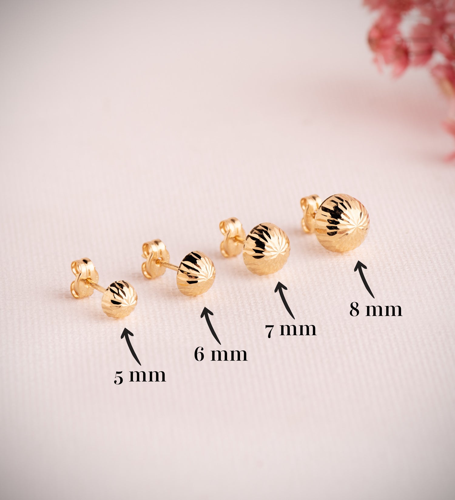 18K Yellow Gold Sculpted Half Hollow Ball Earrings Width: 5 mm Press studs