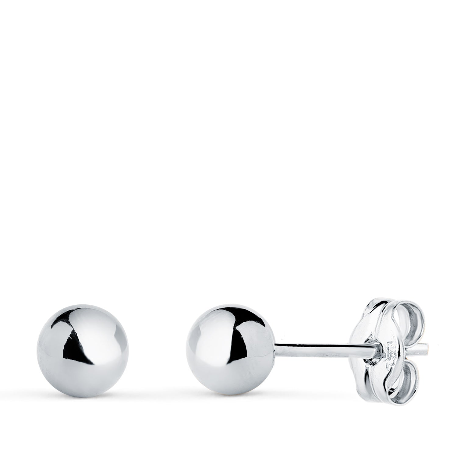 Orecchini in oro bianco 18 carati, sfera liscia e cava, lucida. Larghezza: 5 mm. Orecchini a pressione