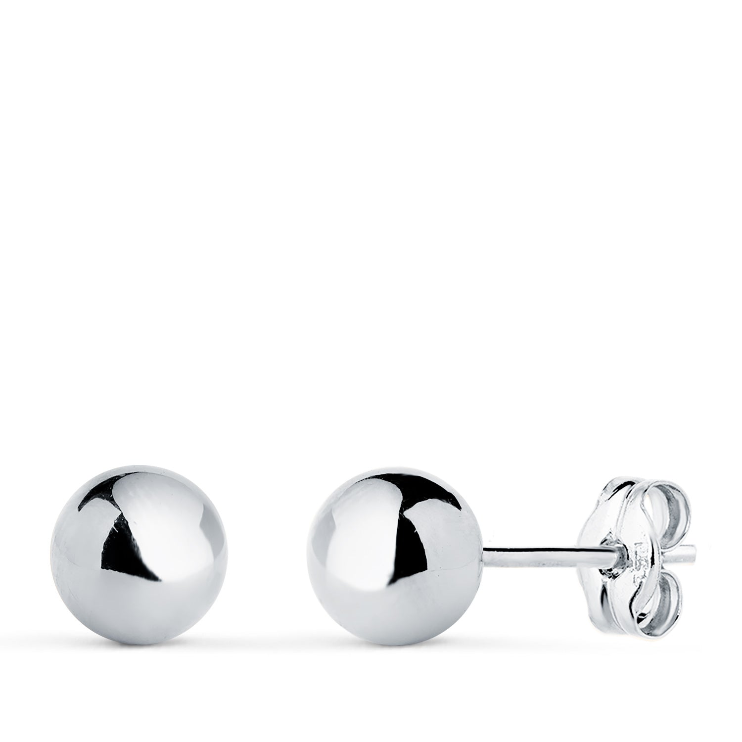Orecchini in oro bianco 18 carati. Sfere cave lisce e lucenti. Larghezza: 6 mm. Orecchini a pressione