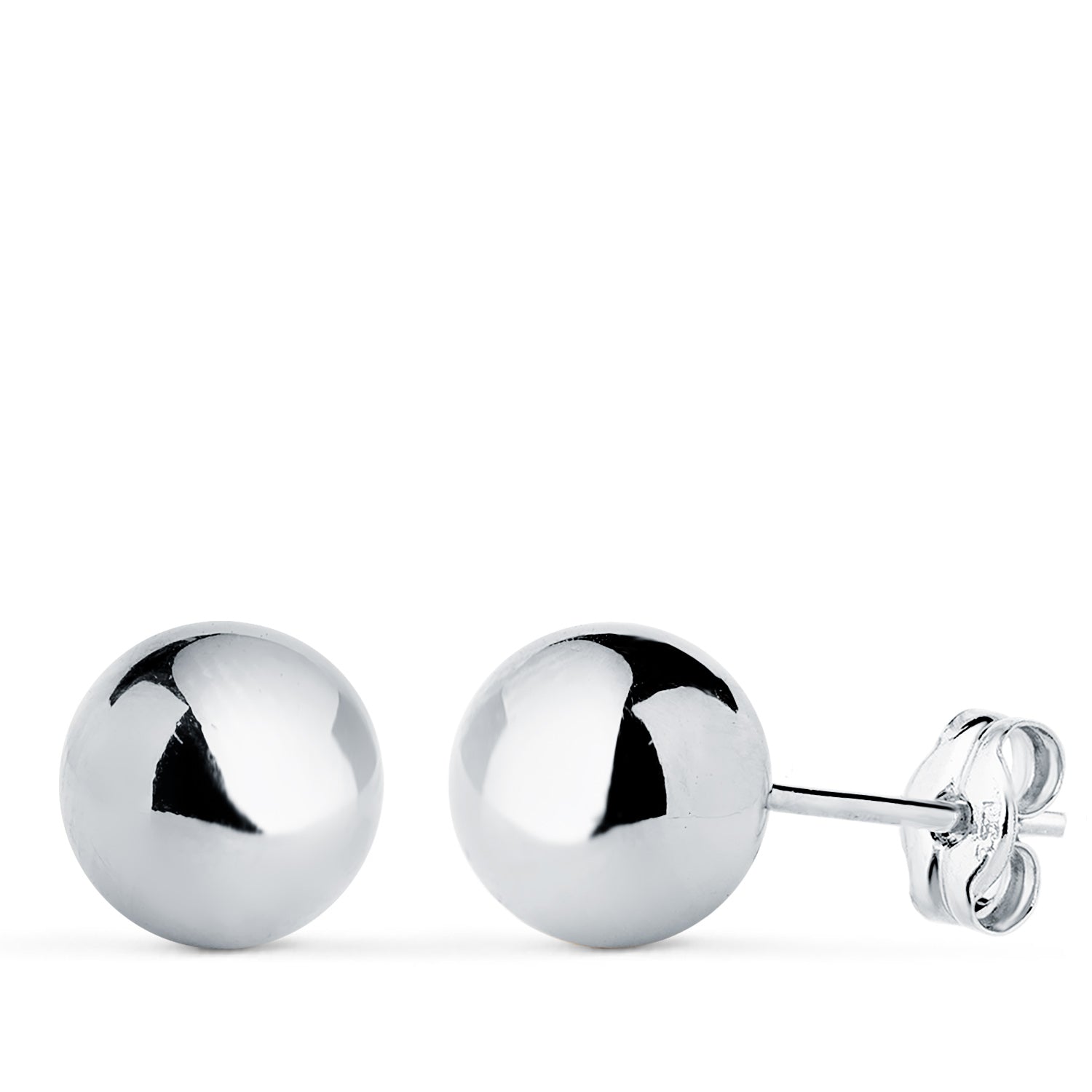 Orecchini in oro bianco 18 carati. Sfere cave lisce e lucenti. Larghezza: 8 mm. Orecchini a pressione