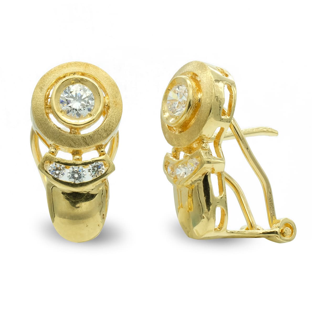 18K Boucles d'oreilles Or Jaune et Zircons Fermoir Omega