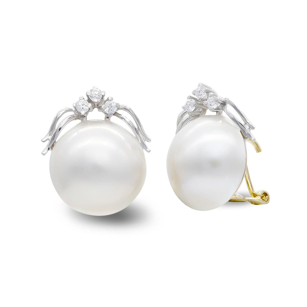 18K Boucles d'oreilles Perle du Japon 14-16 mm et Zircons Fermoir Omega