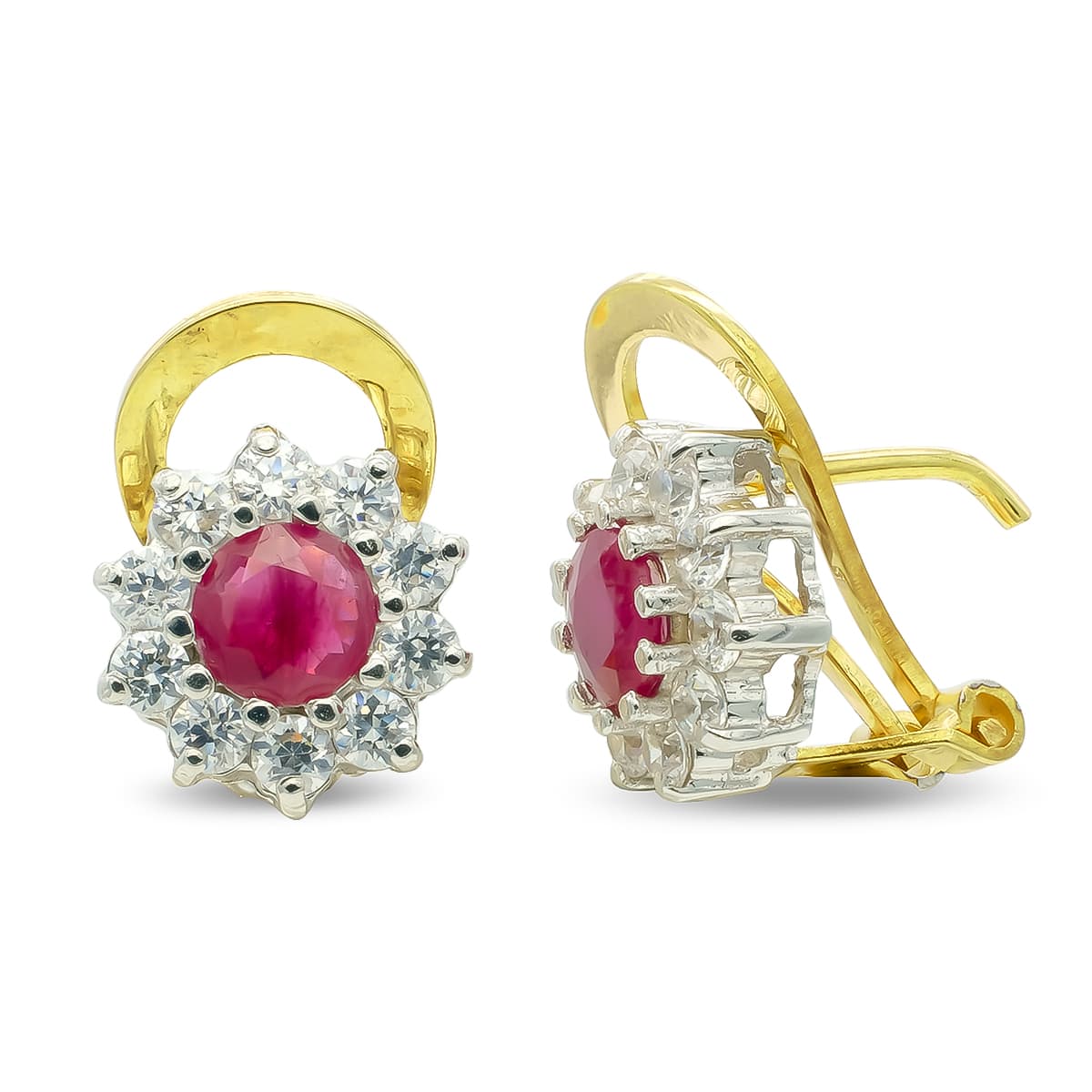 Pendientes Rubí Oro Bicolor Circonitas 5 mm Cierre Omega