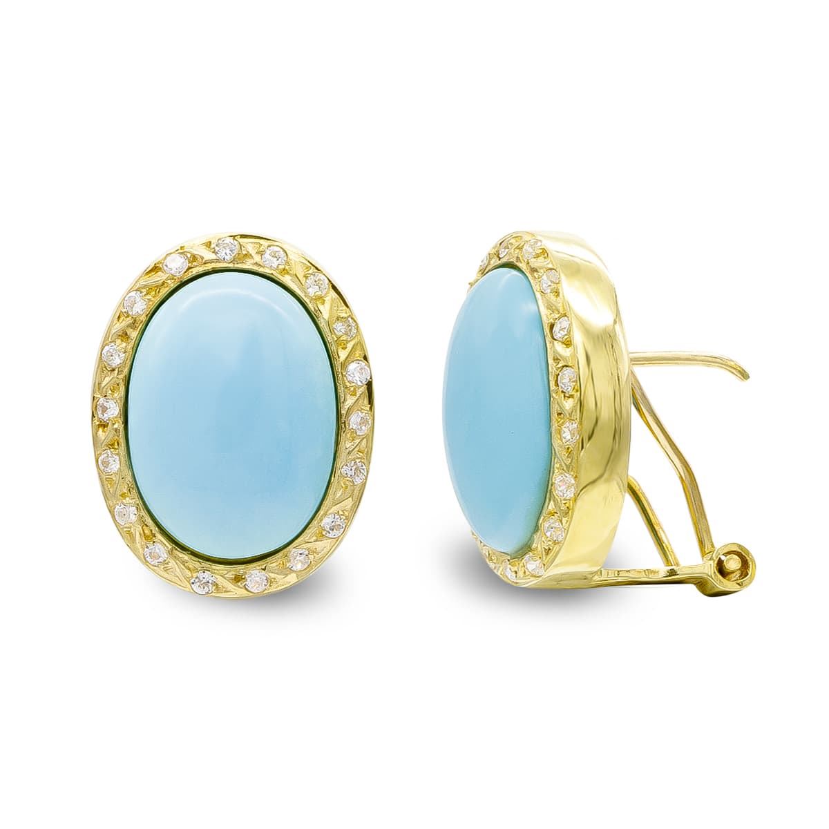 Pendientes Oro Amarillo 18K Turquesa Cierre Omega Circonitas 14 X 10 mm