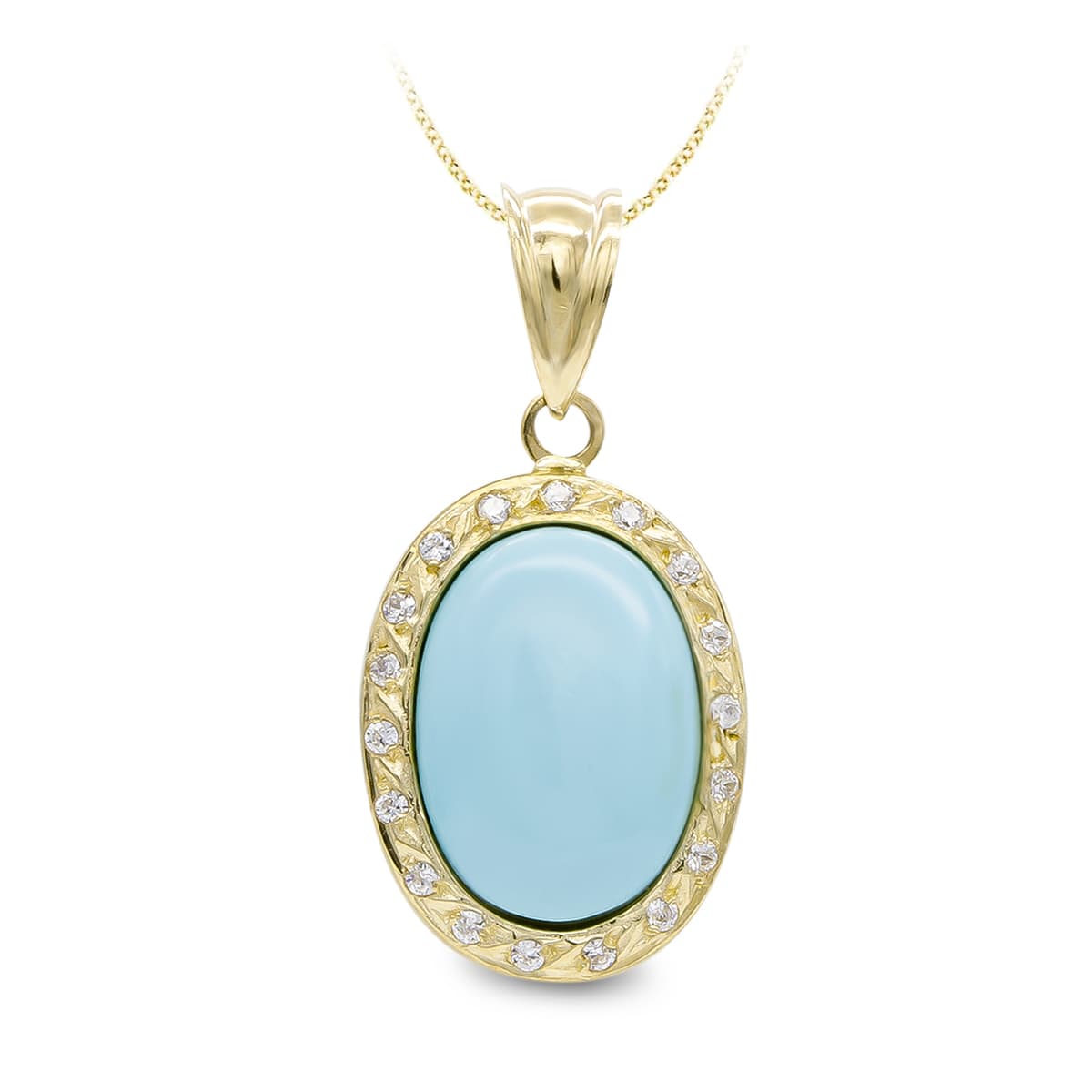 18K Pendentif Or Jaune Turquoise 14 X 10 mm Zircons