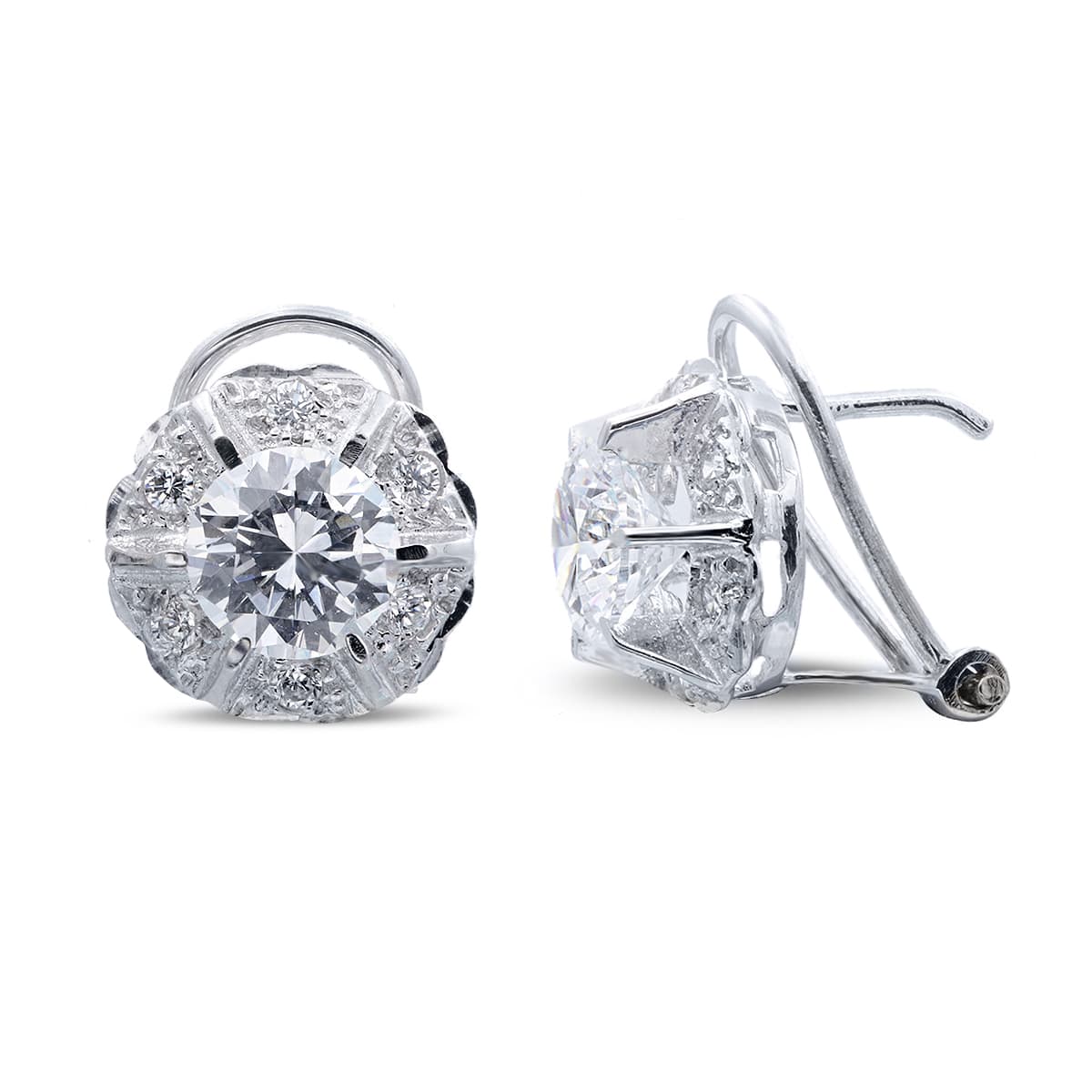 Pendientes de Oro Blanco de 18K con Circonitas en Garras Cierre Omega
