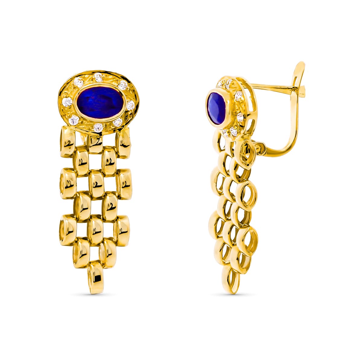 18K Boucles d'oreilles Or Jaune Panter et Pierre Saphir 6 X 4 mm Fermoir Catalan