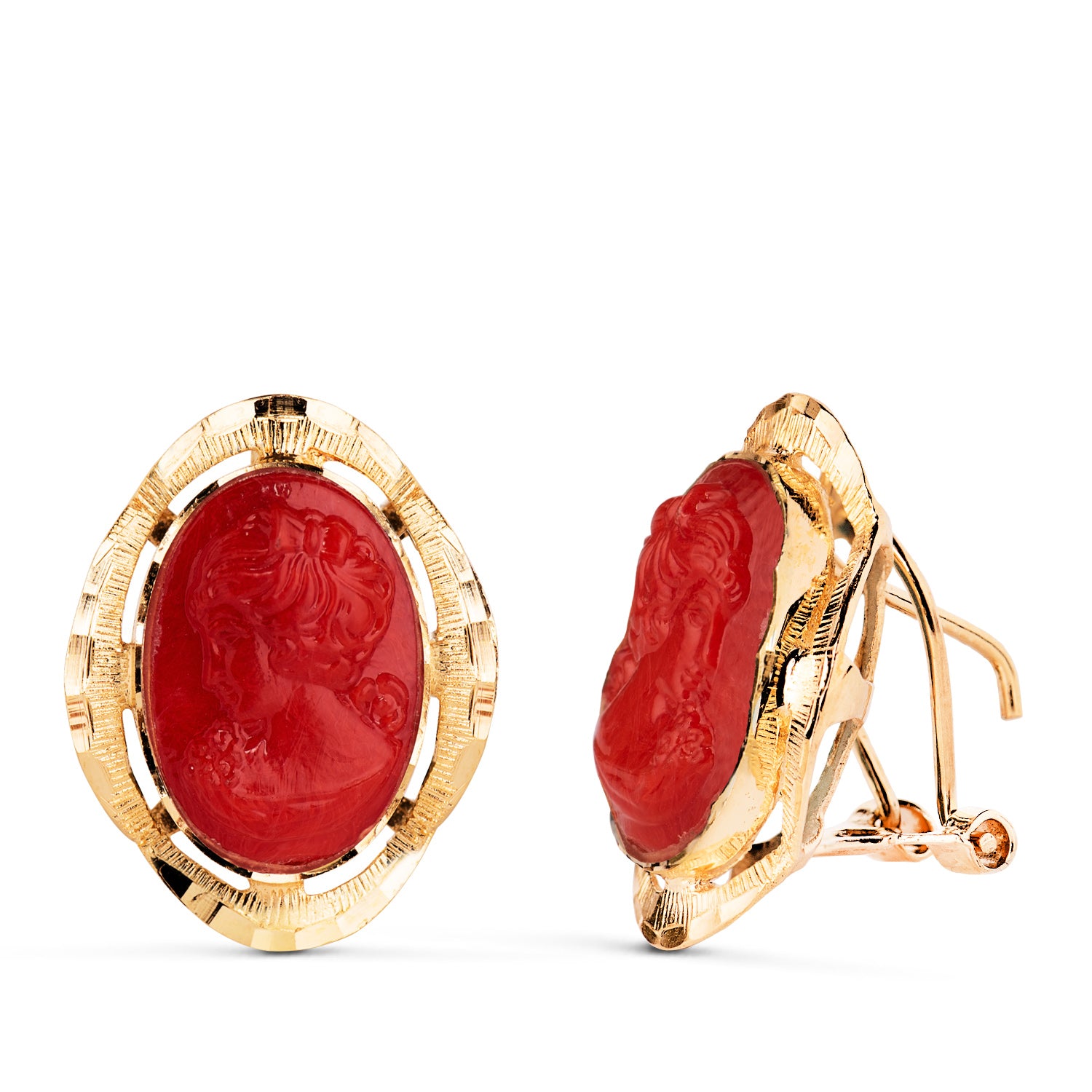 18K gul guld Coral Cameo øreringe Størrelse: 19X15 mm Omega lås