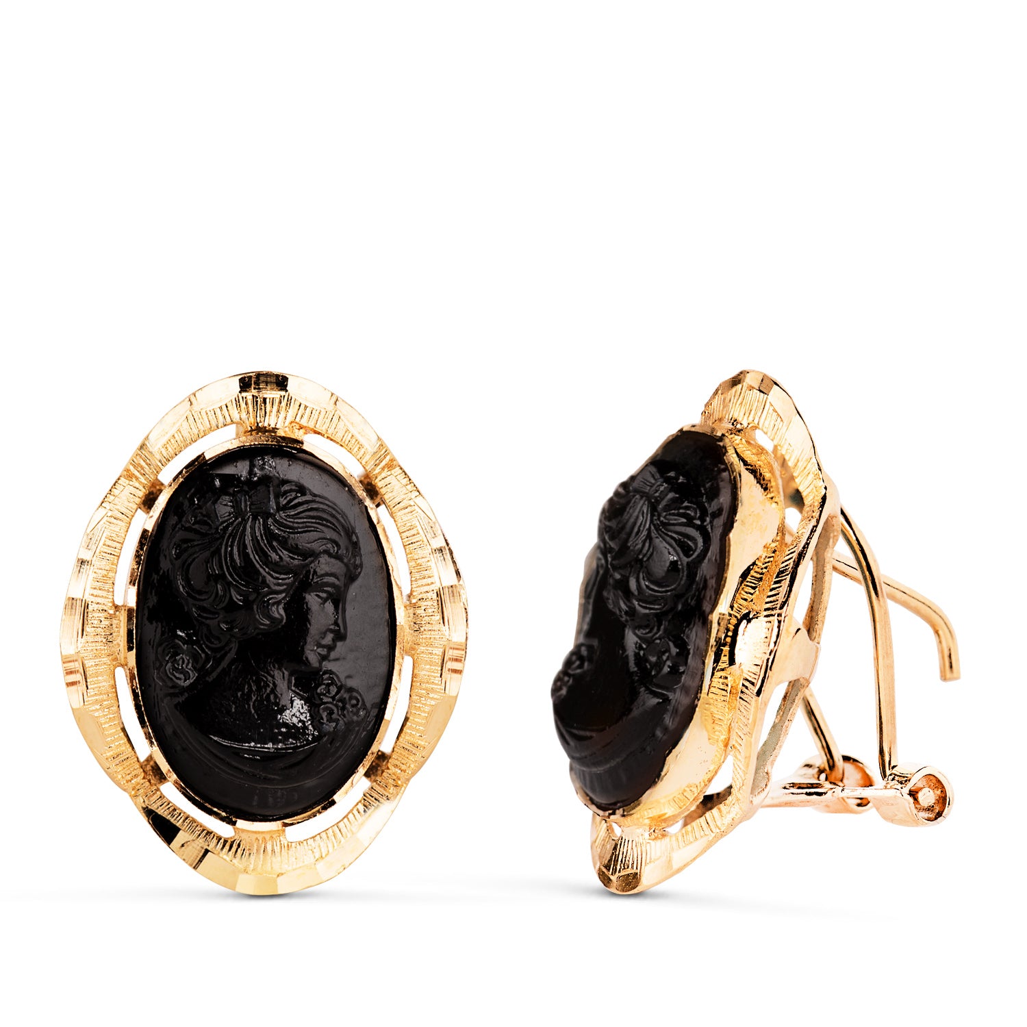 Boucles d'oreilles Or Jaune 18K Cadre Sculpté en Camée Noir Taille : 19X15 mm Fermoir Omega