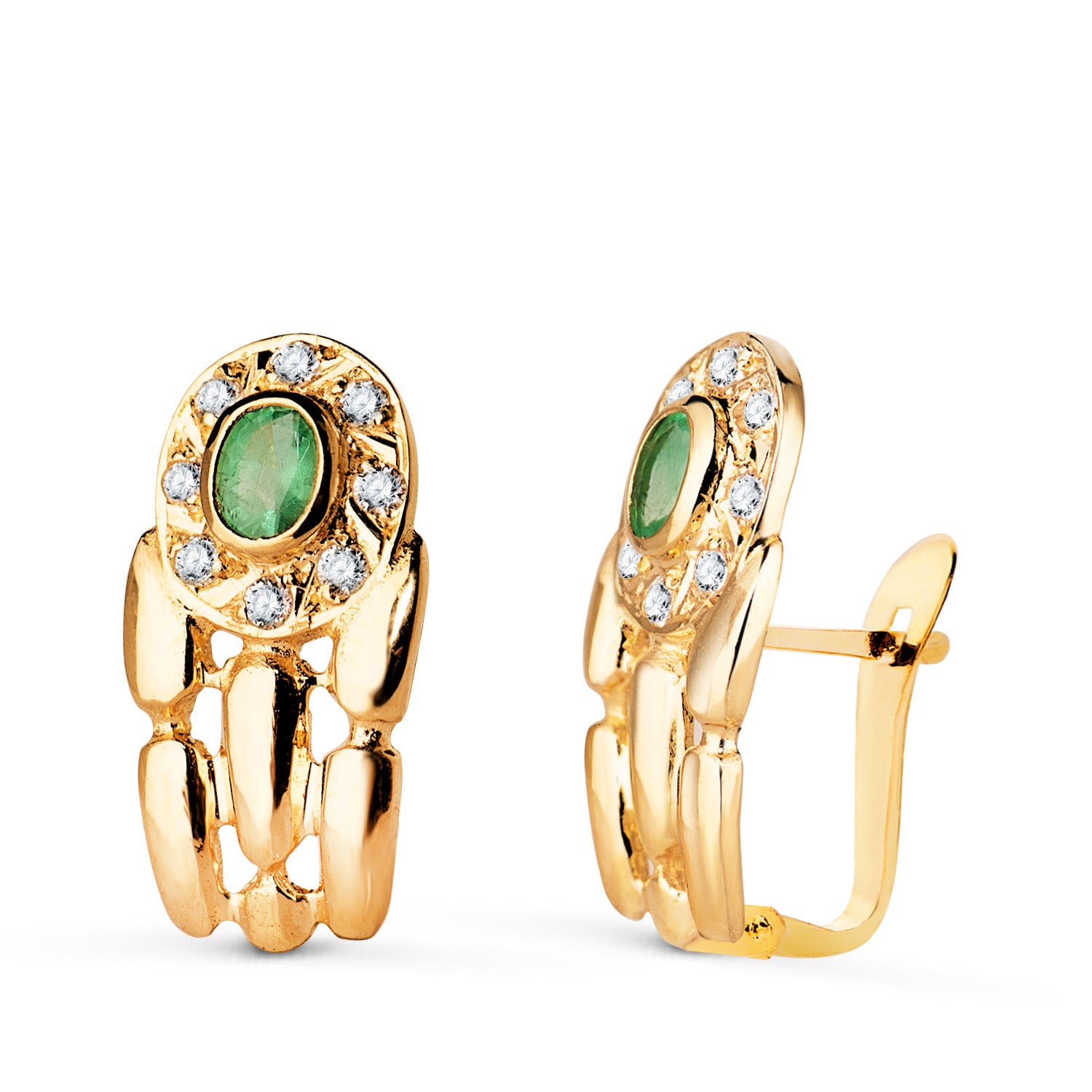 Boucles d'oreilles Panter en Or Jaune 18K avec Émeraude et Zircon Fermeture Catalan 16 X 8 mm
