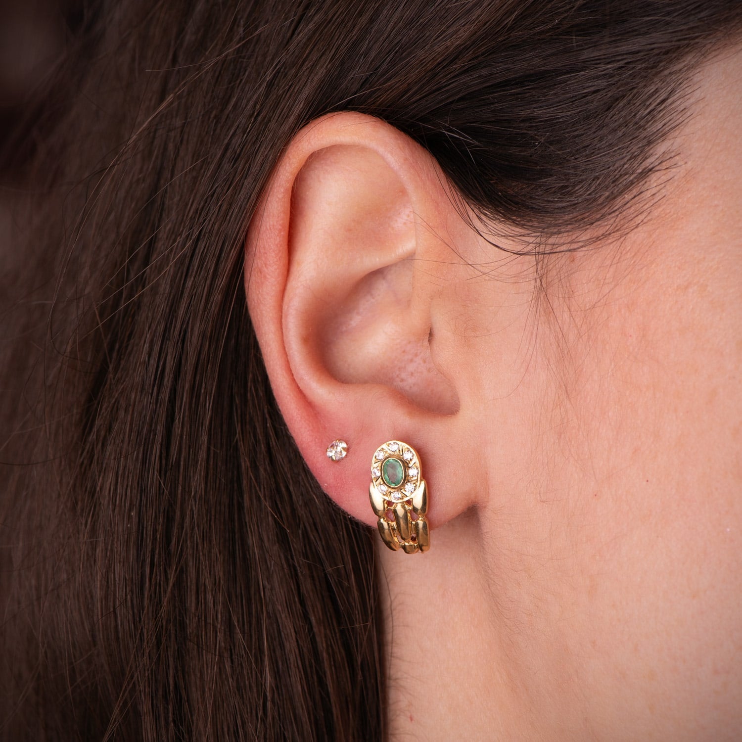 Boucles d'oreilles Panter en Or Jaune 18K avec Émeraude et Zircon Fermeture Catalan 16 X 8 mm