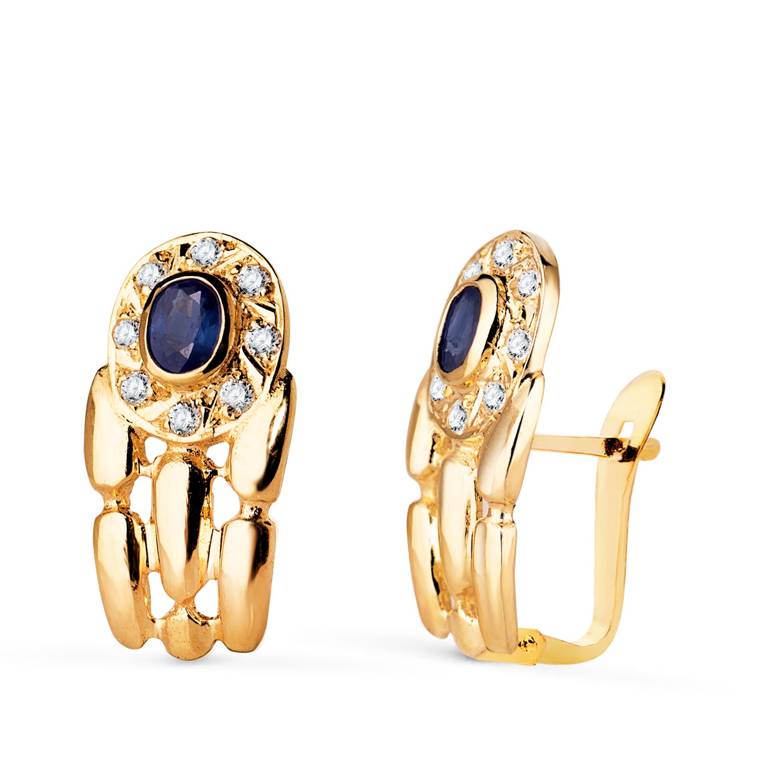 Boucles d'oreilles Panthère en Or Jaune 18K avec Saphir et Zircon 16 X 8 mm Fermoir Catalan