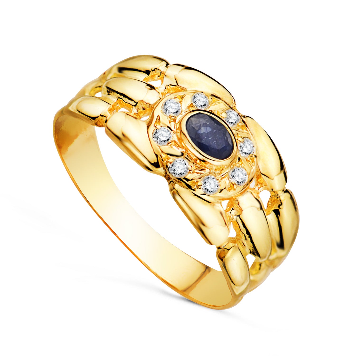 Panter 18K gult gullring med sirkon og naturlig safir 4X3 mm Bredde: 9 mm