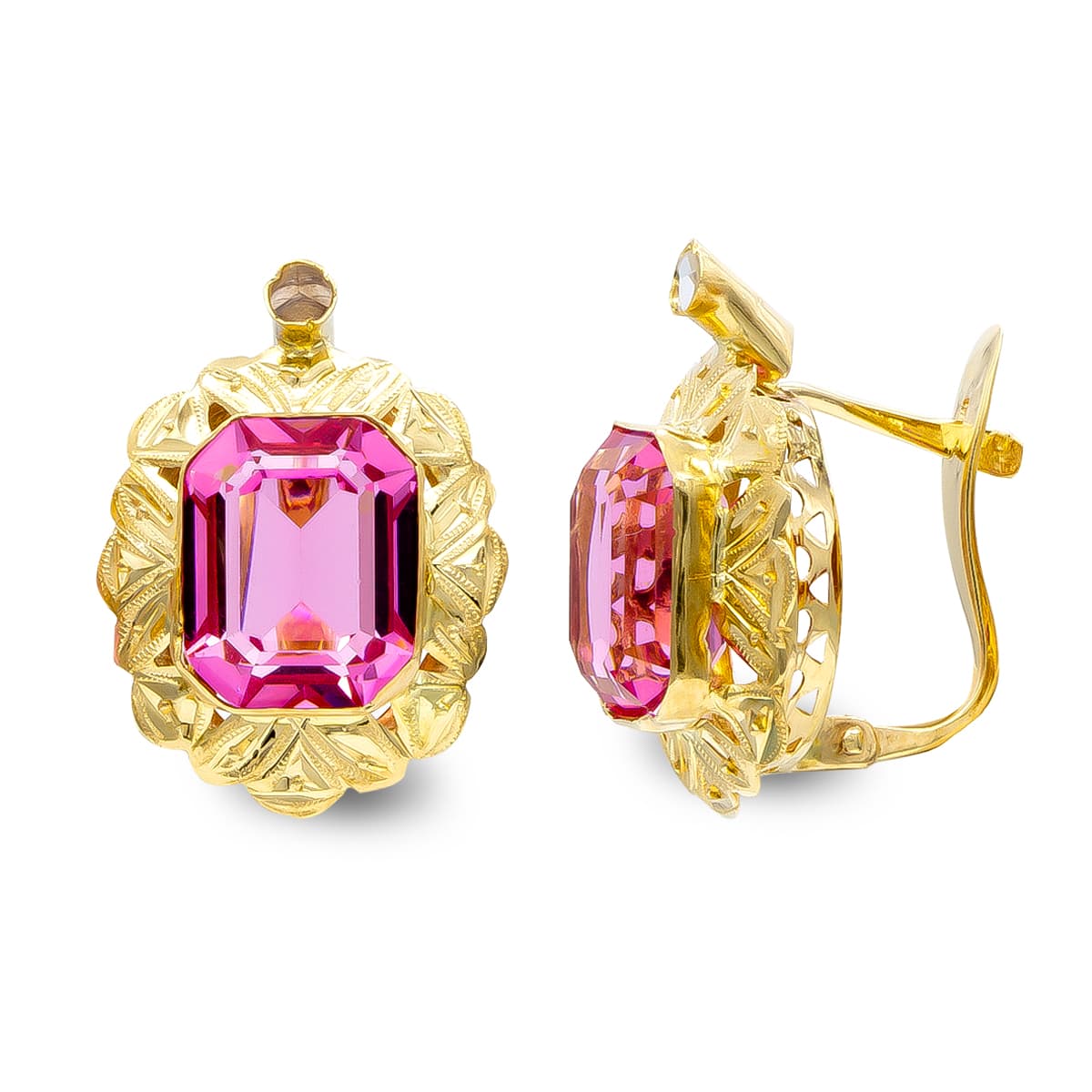 18K Boucles d'oreilles Or Jaune Pierre Rose 10 X 8 mm Zircon Fermoir Catalan