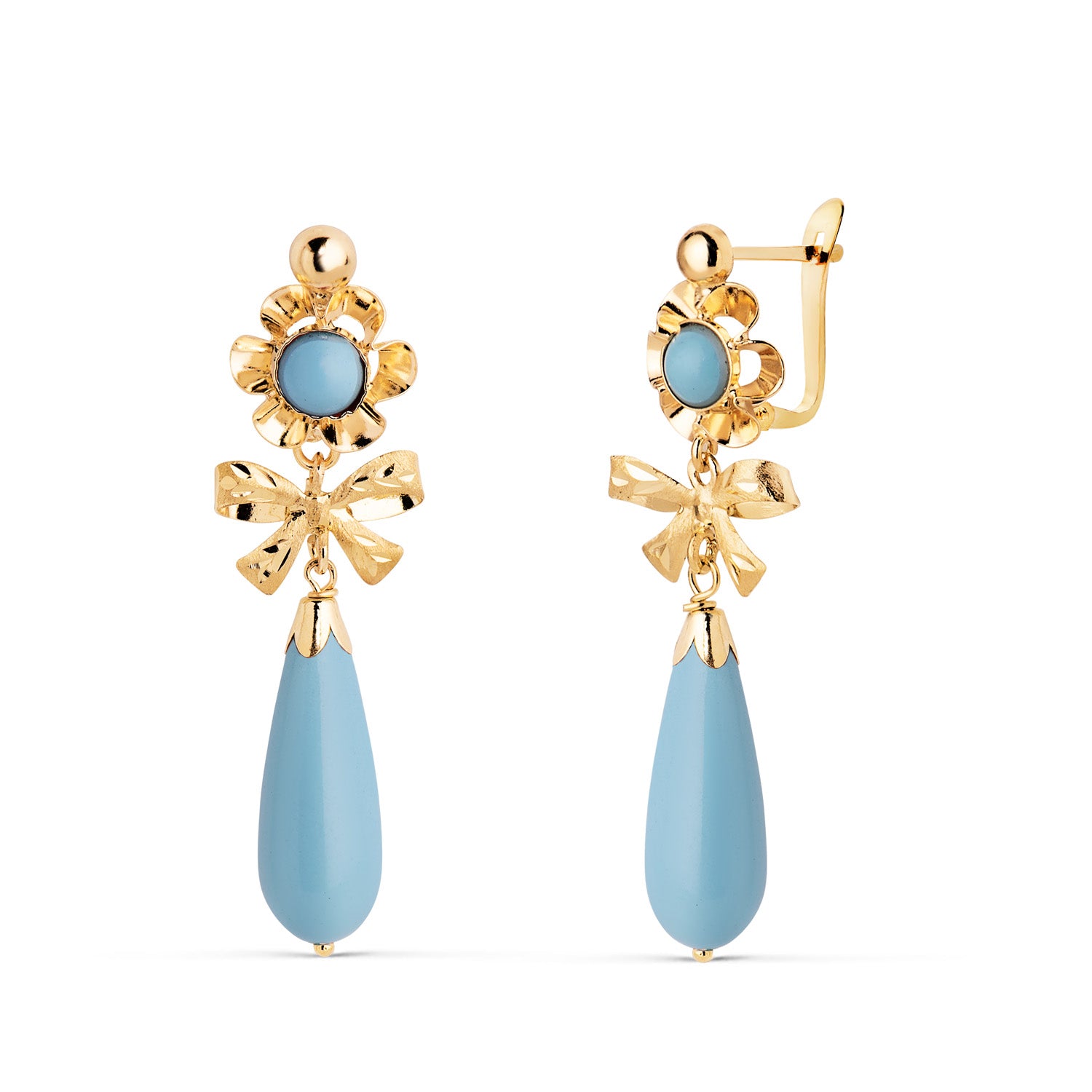 Pendientes Oro Amarillo 18K Nudo Turquesa Cierre Catalán 33X10 mm
