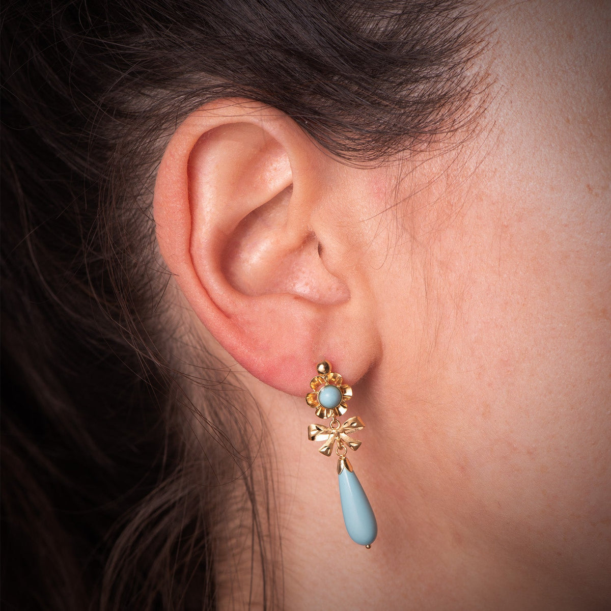 Boucles d'oreilles fleur, nœud et goutte – Or jaune 18 carats – Turquoise, vue 2