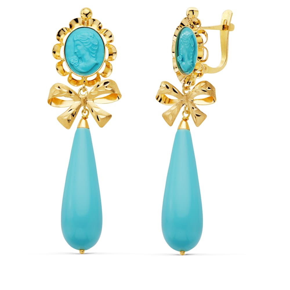 Boucles d'oreilles Or Jaune 18K Camée N?ud Turquoise 62X18 mm Fermoir Catalan