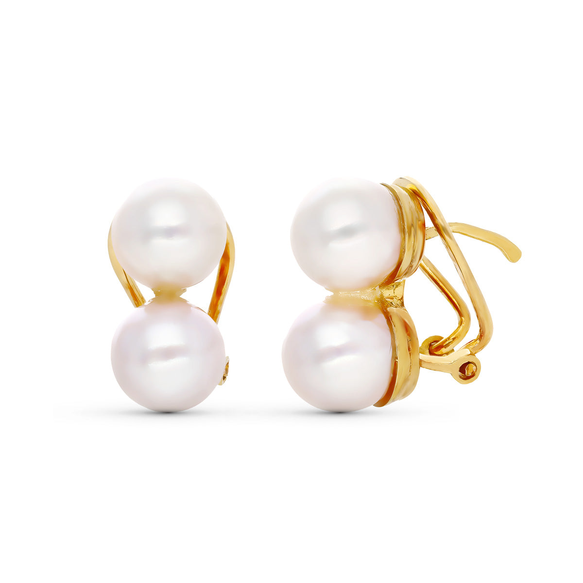 Boucles d'oreilles Or Jaune 18K Toi et Moi Perle de Culture Fermoir Omega