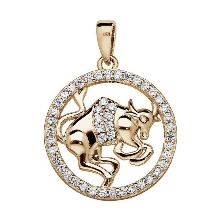 Pendentif mode Taureau rond en vermeil avec oxydes de zirconium blancs sertis