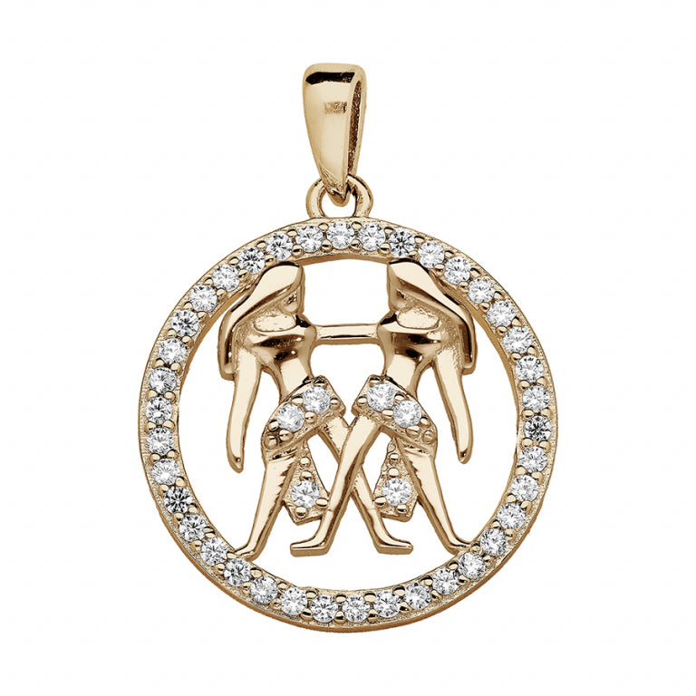 Pendentif mode zodiaque Gémeaux en vermeil serti d'oxydes blancs