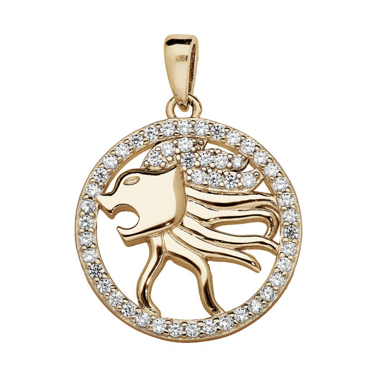 Pendentif mode lion rond en vermeil avec oxydes blancs sertis