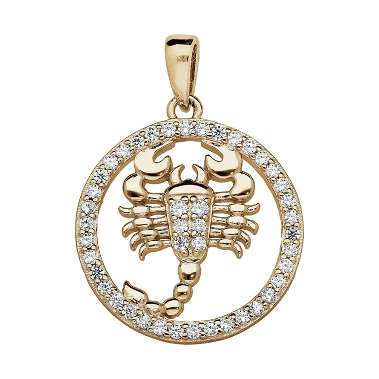 Pendentif scorpion rond en vermeil avec oxydes de zirconium blancs