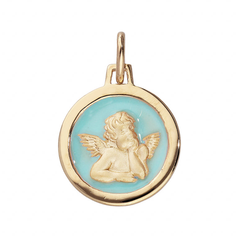Pendentif mode ange en vermeil sur fond résine bleu ciel