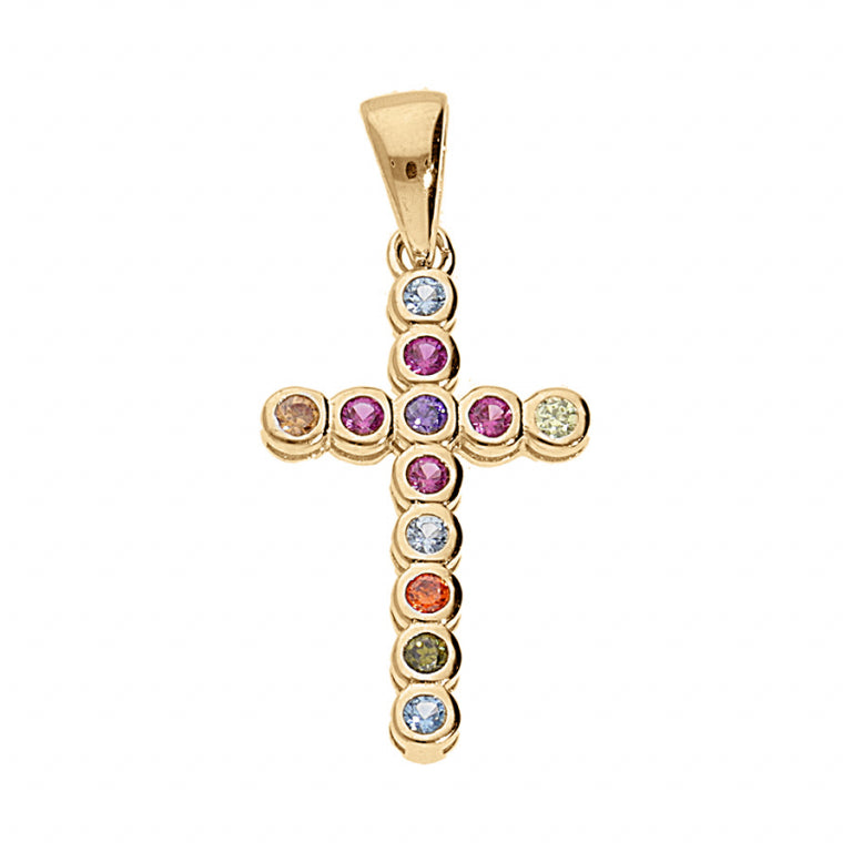 Pendentif croix en vermeil avec oxydes multicolores