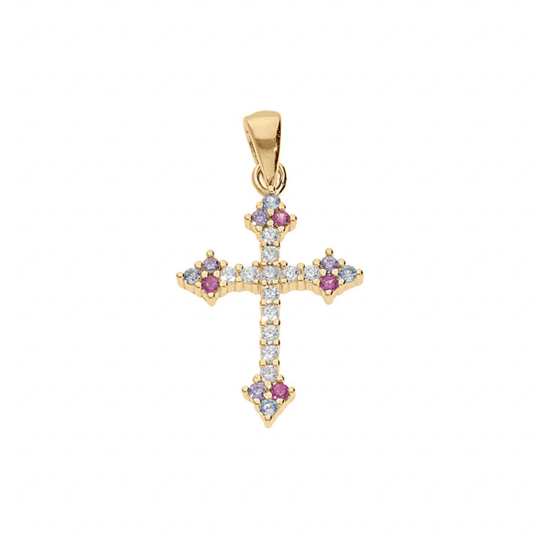 Pendentif croix en vermeil avec oxydes blancs et multicolores