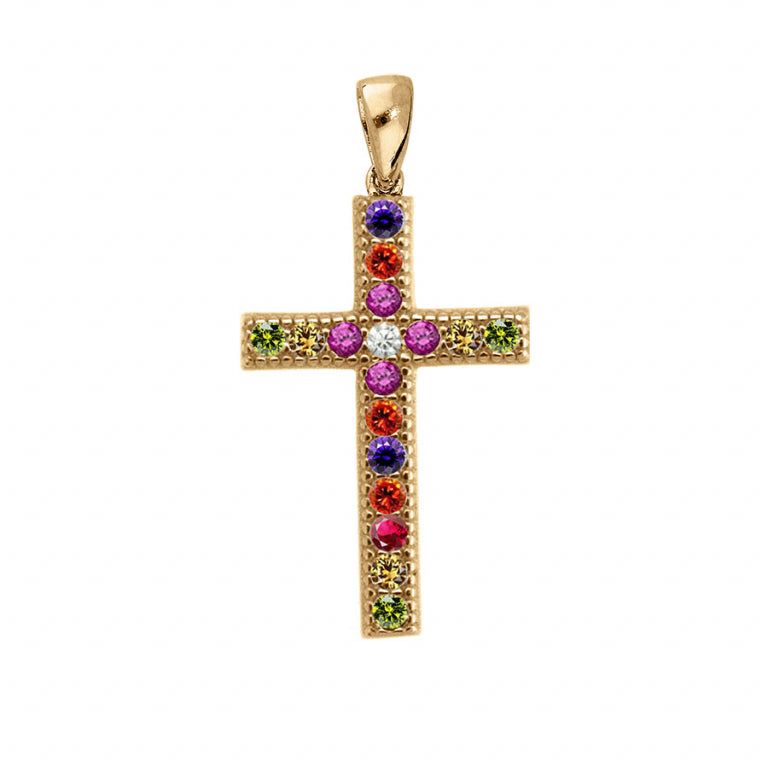 Pendentif croix en vermeil avec oxydes de zirconium multicolores