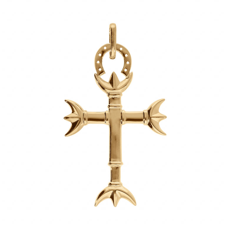 Pendentif croix camarguaise avec tridentité et fer à cheval en vermeil