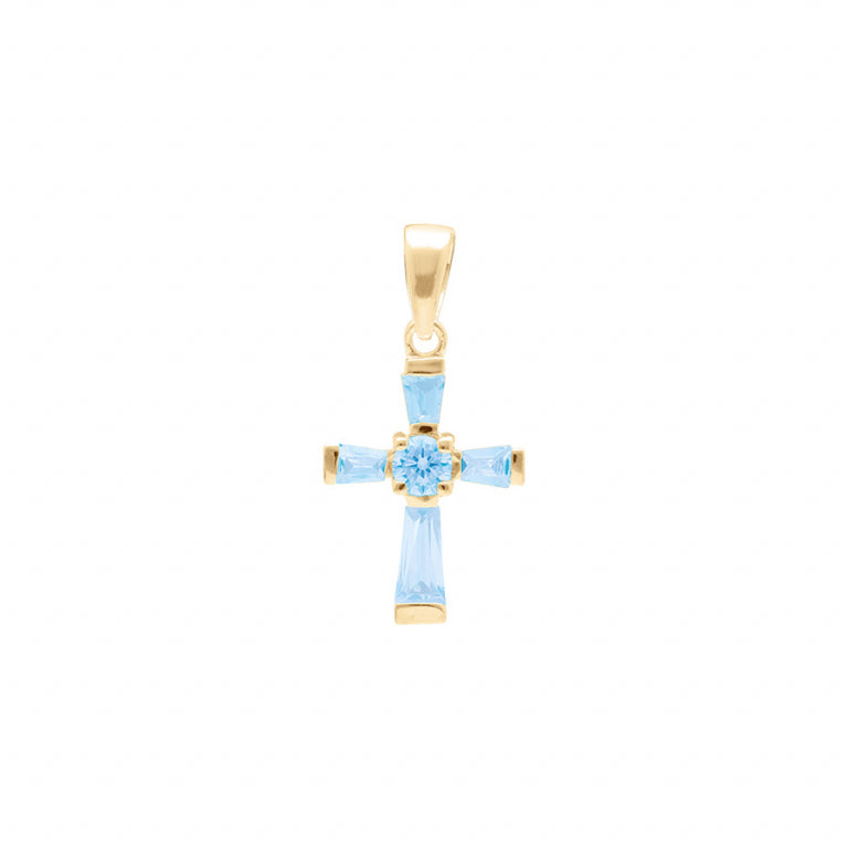 Pendentif mode croix en vermeil avec oxydes bleu ciel
