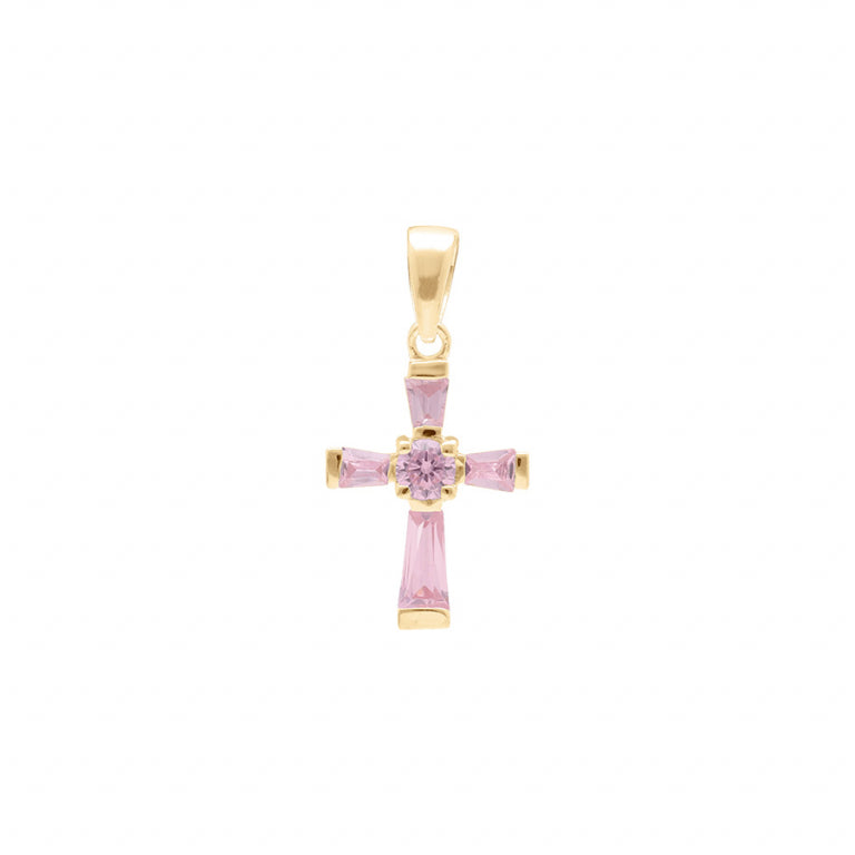 Pendentif croix en vermeil orné d'oxydes de zirconium roses