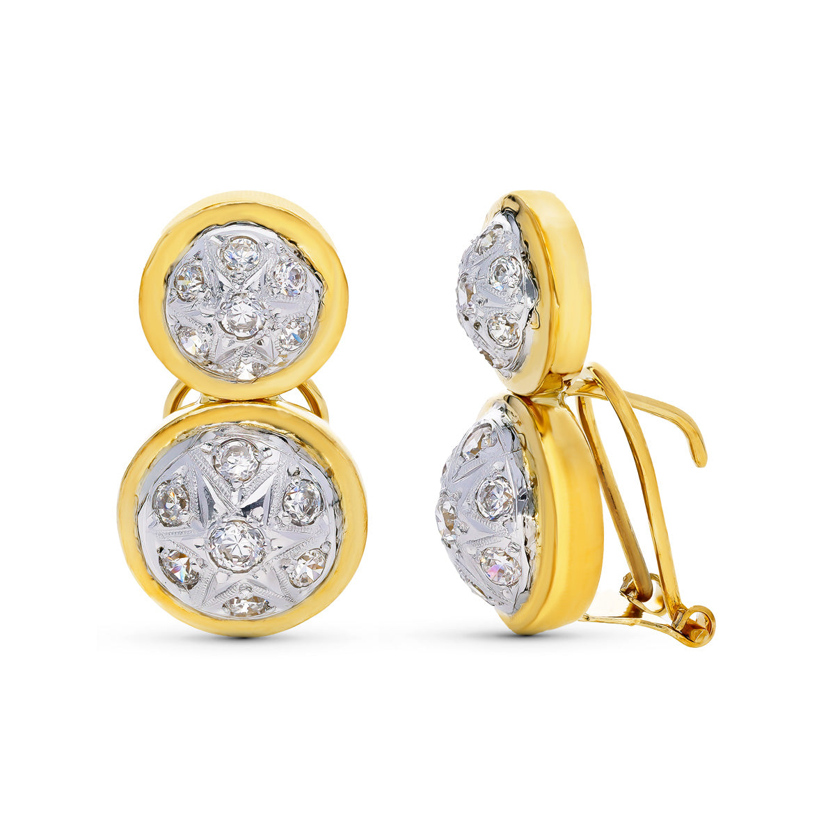 Boucles d'oreilles Toi et Moi Platine 18K Bicolore Zircone Fermoir Omega