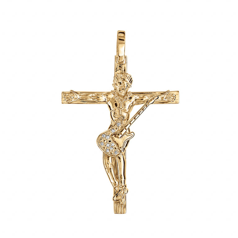 Pendentif croix rock guitare en vermeil avec oxydes de zirconium transparents