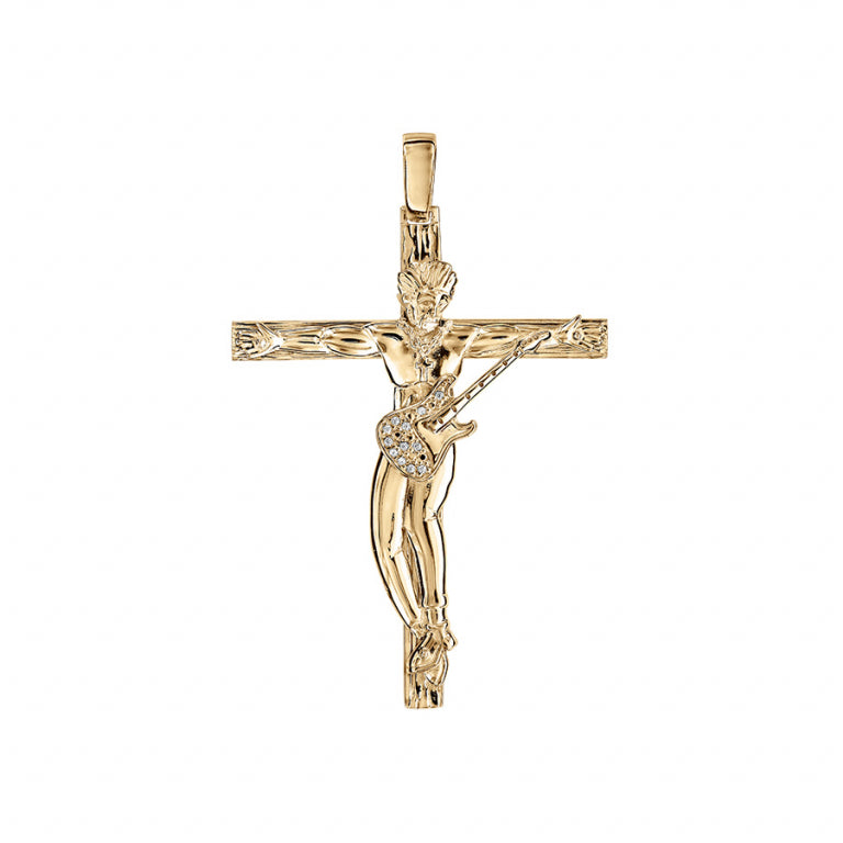 Pendentif croix rock en vermeil avec oxydes blancs sur guitare