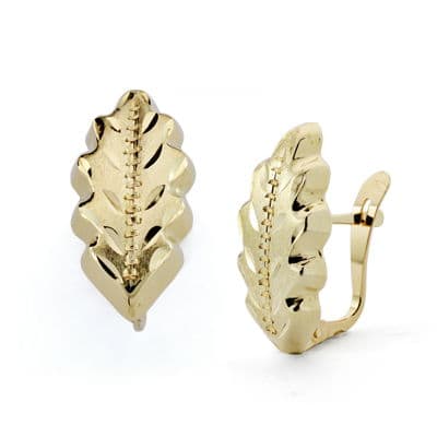 18K Boucles d'oreilles en Or . Diamanté . 18X8 mm Feuille Fermoir Catalan