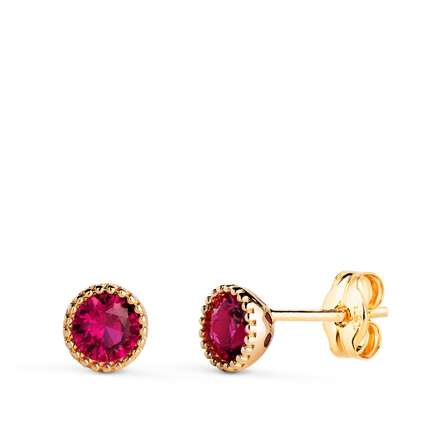 Boucles d'oreilles Or Jaune 18K Pierres Rouges Rondes Pierres Rouges Taille : 5MM Fermoir Poussettes Papillon