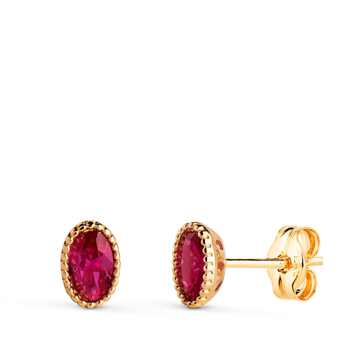 Boucles d'oreilles pierre ovale bordure perlée – Or jaune 18 carats – Rouge