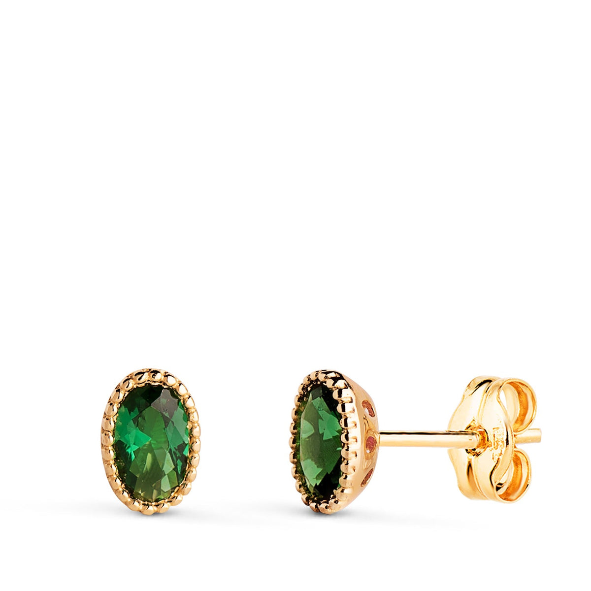 Boucles d'oreilles pierre ovale bordure perlée – Or jaune 18 carats – Vert
