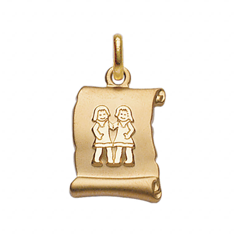 Pendentif mode parchemin Gémeaux en plaqué or brillant fond sable