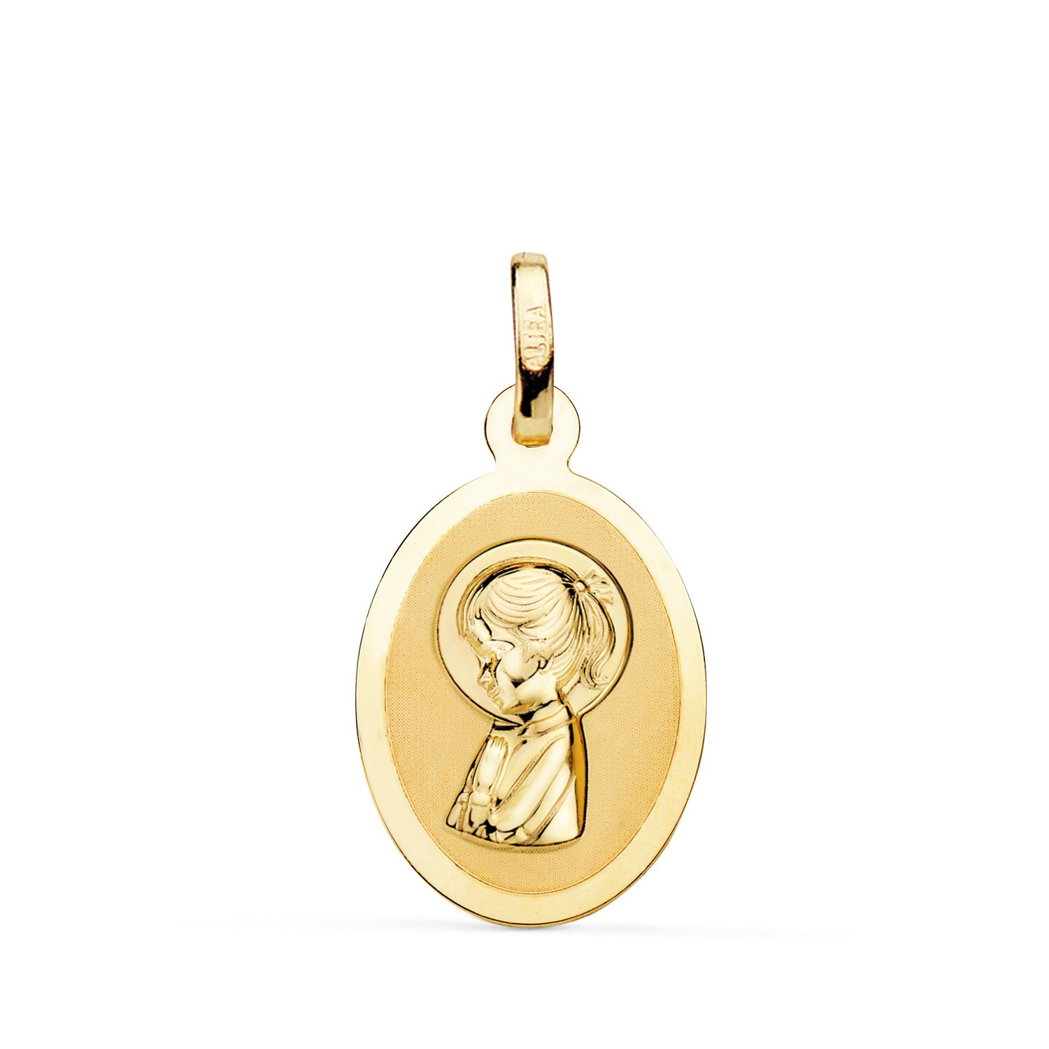 Jentemedalje i 18 karat Virgin Yellow Gold i Brilliant Finish Størrelse: 19 x 12 mm