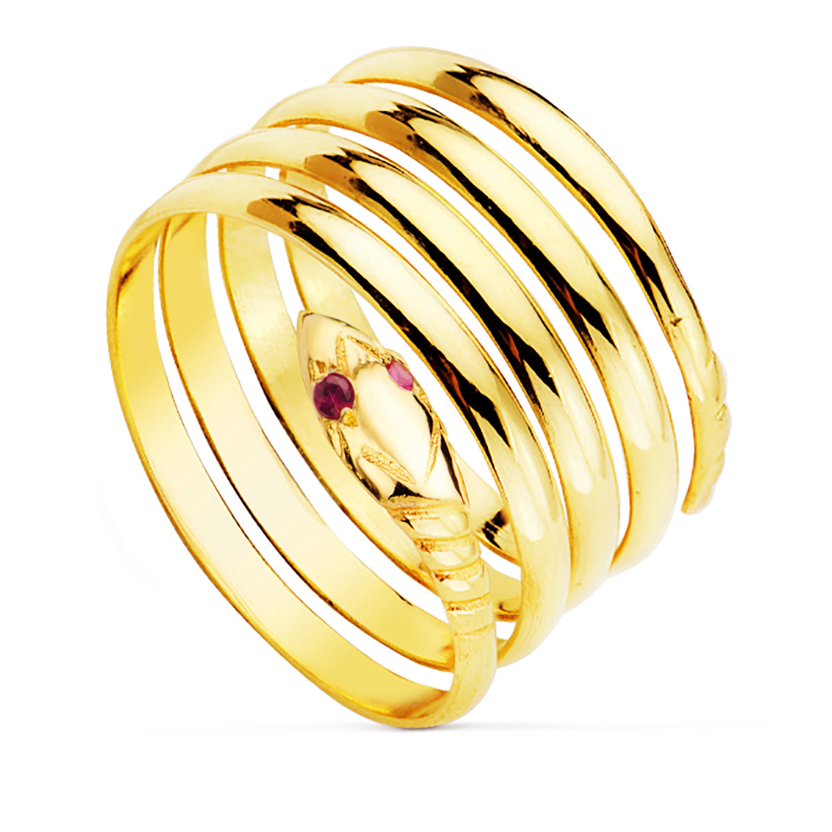 18K Sortija Oro Amarillo Serpiente 4 Vueltas Con Ojo de Rubies