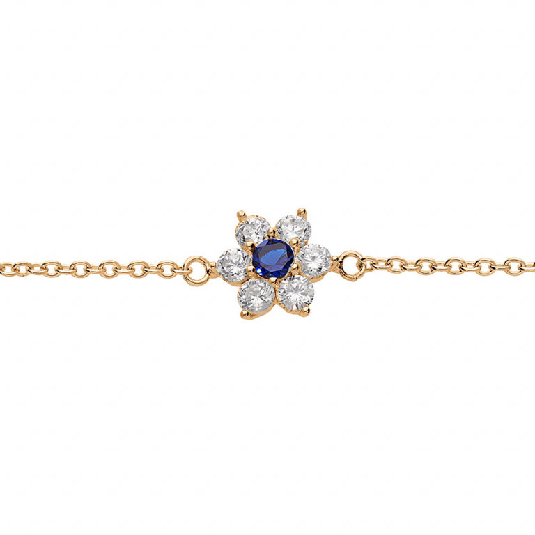 Bracelet mode fleur marguerite en plaqué or avec oxydes bleus et blancs