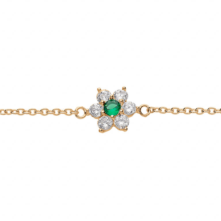 Bracelet mode fleur marguerite en plaqué or avec oxydes vert foncé et blancs