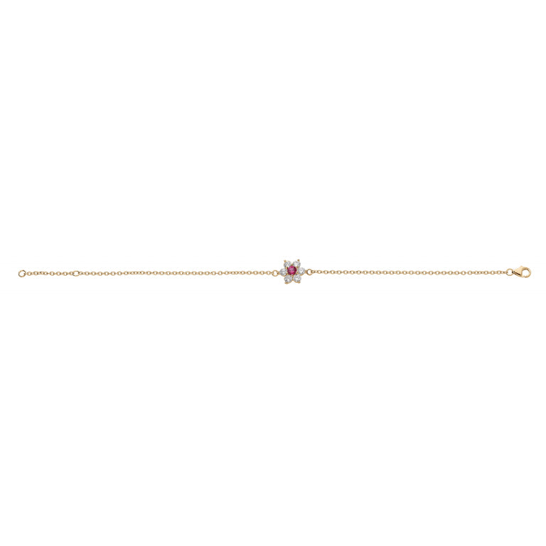 Bracelet Plaqué Or motif fleur marguerite oxydes rouge foncé et blancs sertis
