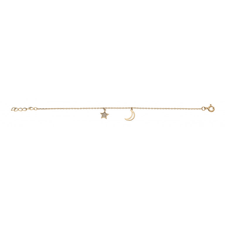 Bracelet mode en plaqué or avec pampilles lune et étoile serties d'oxydes blancs