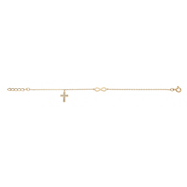 Bracelet plaqué or motif infini et croix oxydes de zirconium blancs